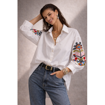 Camasa dama alba cu broderie multicolora pe maneci