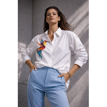 Camasa dama alba cu colibri roz brodat