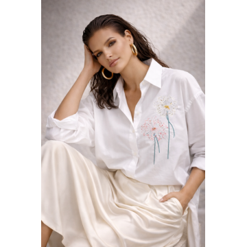 Camasa dama alba din bumbac cu papadii multicolore