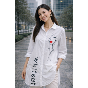 Camasa dama alba tip tunica cu imprimeu minimalist