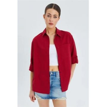 Camasa dama -  camasa cu maneca lunga - buzunar - rosu burgundi - textil