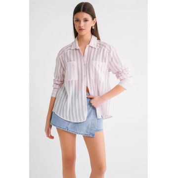 Camasa dama -  camasa din poplin cu dungi - roz pudrat - bumbac