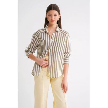 Camasa dama -  camasa din poplin cu dungi - verde kaki - bumbac