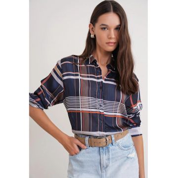 Camasa dama -  camasa din satin cu nasturi - bleumarin - textil