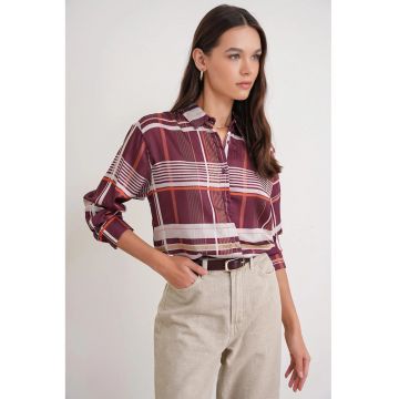 Camasa dama -  camasa din satin cu nasturi - rosu burgundi - textil