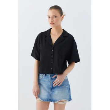 Camasa dama -  camasa scurta cu nasturi si buzunar - negru - textil