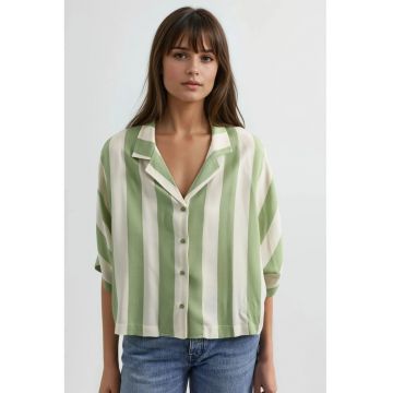 Camasa dama -  cu dungi - croiala relaxata - alb-verde - textil