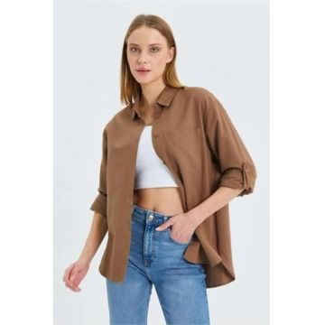 Camasa dama -  cu maneca lunga - buzunar - bej natural - textil