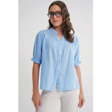 Camasa dama -  cu maneca scurta - albastru deschis - amestec de in