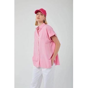 Camasa dama -  cu maneca scurta supradimensionata - roz pudrat - textil