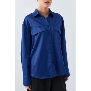 Camasa dama  detaliu buzunar - bleumarin - bumbac satinat