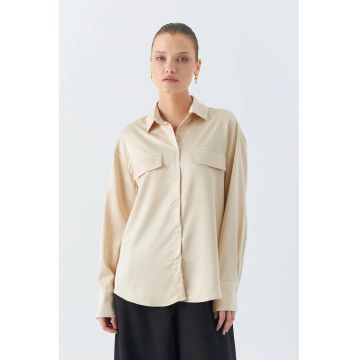 Camasa dama  din satin - detaliu buzunar - bej natural