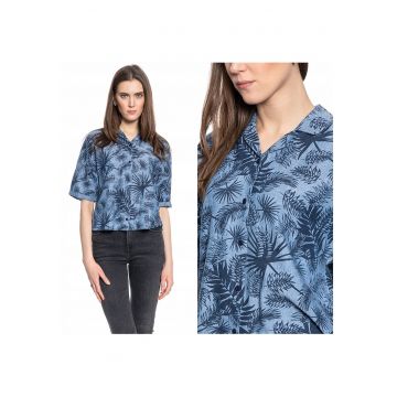 Camasa Dama -  Floral Resort Shirt - Regular Fit - Maneci Scurti - Floral Design - Cu Nasturi - Bumbac - S INTL - Albastru