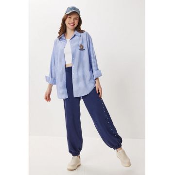 Camasa dama - Happiness Istanbul - supradimensionata - dungi - broderie - textil - albastru