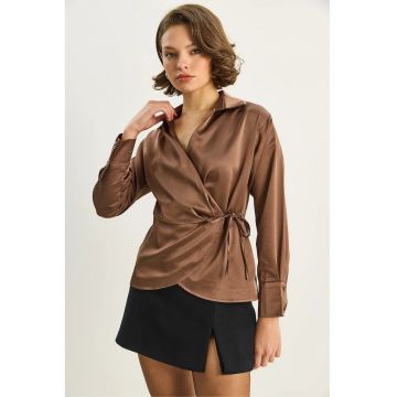 Camasa dama - HiCCUP - camasa din satin cu decolteu in V - maro moca - textil