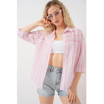 Camasa dama - HiCCUP - din poplin cu dungi - maneci trei sferturi - roz - bumbac