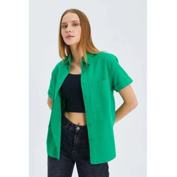 Camasa dama -  poplin Slim Fit cu buzunar - verde - textil