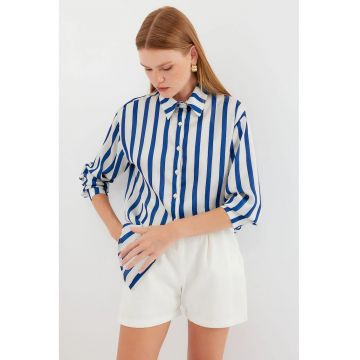 Camasa dama  satin - maneca lunga - bleumarin/alb