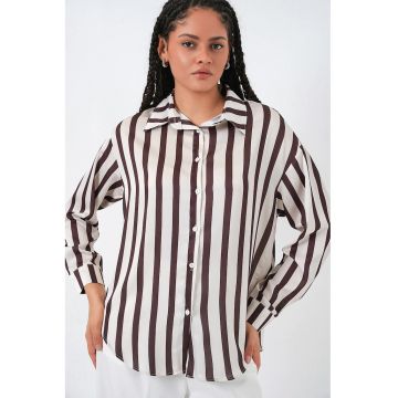 Camasa dama -  satin - maneca lunga - maro cafeniu/alb