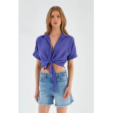 Camasa dama -  scurta - slim fit - decolteu in V - mov - textil