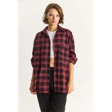 Camasa dama  supradimensionata - carouri - rosu burgundy - bumbac