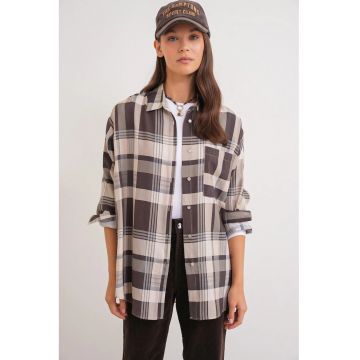 Camasa dama -  supradimensionata - cu buzunar - bumbac - multicolor - Maro