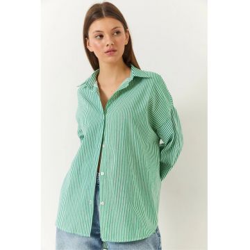 Camasa dama -  supradimensionata - cu dungi - bumbac/poliester - alb/verde -
