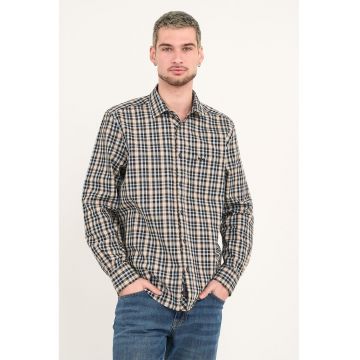 Camasa de bumbac in carouri cu logo discret - brodat - Maro/Albastru