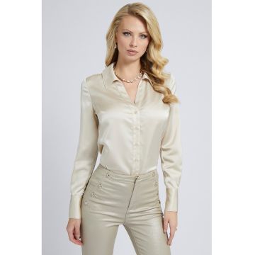 Camasa de satin cu cordon in talie - Alb fildes