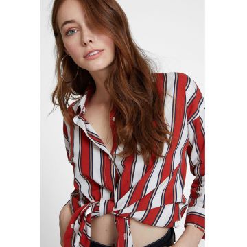 Camasa din amestec de bumbac cu model in dungi - Alb/Bej/Rosu inchis