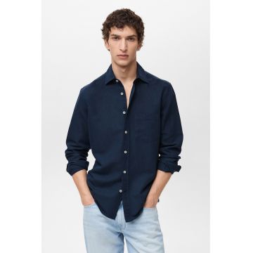 Camasa din amestec de in cu guler clasic - Albastru inchis