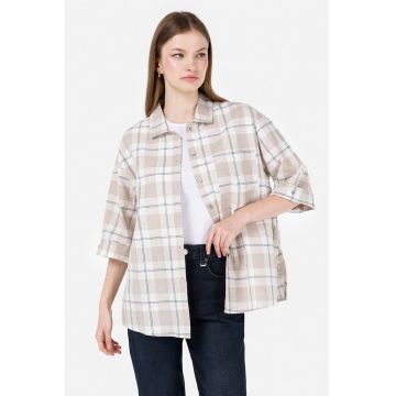 Camasa din amestec de in cu maneci medii - Alb/Bej