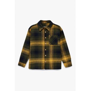 Camasa din amestec de lana cu model in carouri - Galben pai/Verde masliniu