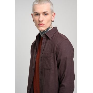 Camasa din bumbac cu buzunar pe piept - Maro inchis