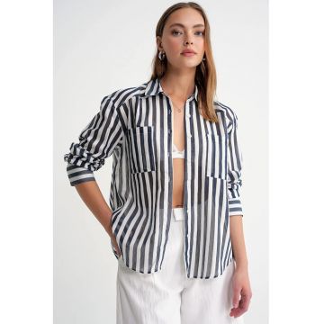 Camasa  din bumbac - cu dungi - albastru marin