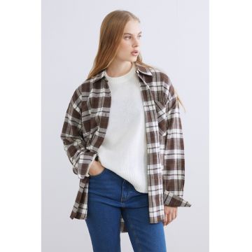 Camasa din bumbac cu model in carouri - Alb/Maro