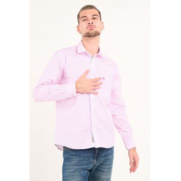 Camasa din bumbac cu model si buzunar aplicat - Roz pastel