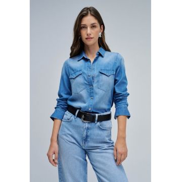 Camasa din bumbac si lyocell cu buzunare cu clapa - Albastru melange