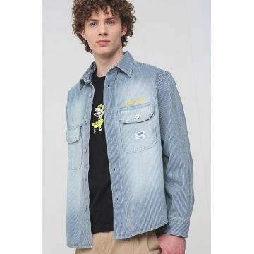 Camasa din denim cu aspect decolorat si model in dungi - Galben pal/Alb murdar/Albastru