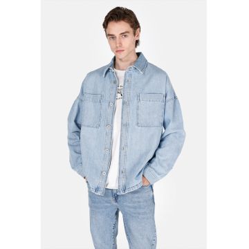 Camasa din denim cu maneci cazute - Albastru deschis