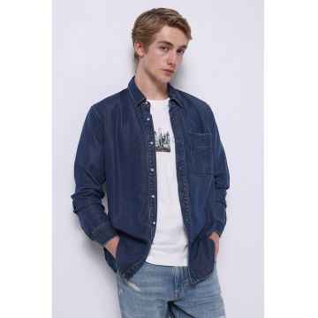 Camasa din material chambray cu guler clasic - Bleumarin