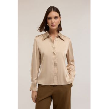 Camasa din satin cu aplicatii cu strasuri - Auriu/Bej inchis