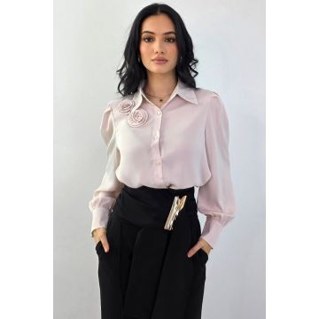 Camasa eleganta AVELA, cu brosa florala nedetasabila, ROZ, Marime S/M