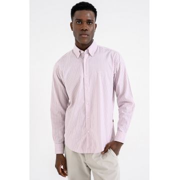 Camasa in dungi cu guler fixat cu nasturi - Alb/Roz prafuit