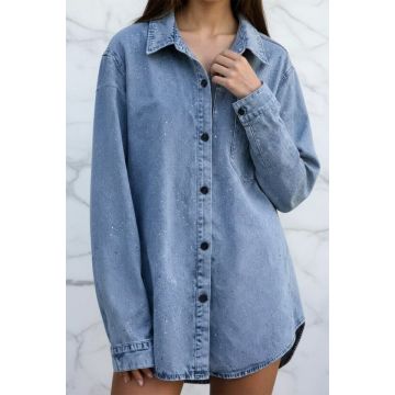 Camasa lunga denim Athens, cu aplicatii stralucitoare frontale, Albastru denim