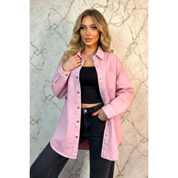 Camasa lunga denim LISBON, cu capse si cristale stralucitoare, Roz