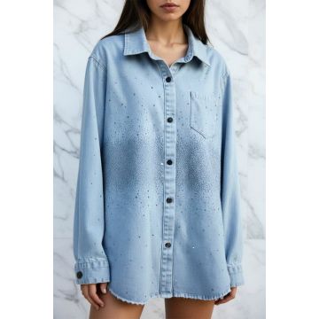 Camasa lunga denim LISBON, cu nasturi si cristale stralucitoare, Albastru zapada