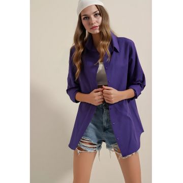 Camasa supradimensionata -  albastru - bumbac si poliester - maneca lunga - guler clasic -