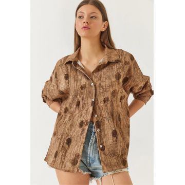 Camasa supradimensionata cu nasturi dama -  poliester - maro mocha - Maro