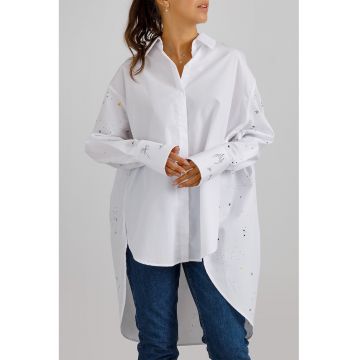 Camasa supradimensionata cu partea din spate mai lunga - Alb/Verde/Negru